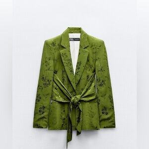 Bow Jacquard Zara Green Blazer NWT Size Large.